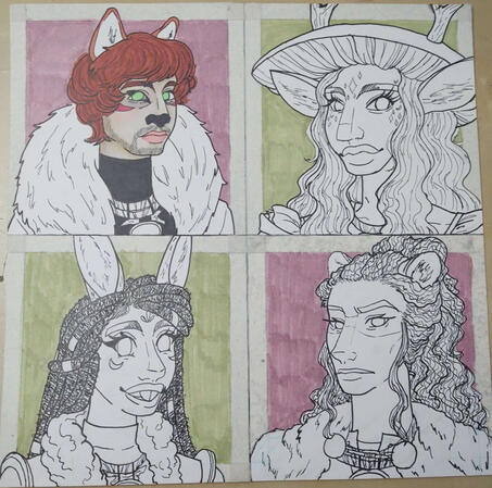 Quadportrait of Characters WIP (OC) Copic, India Ink on Bristol