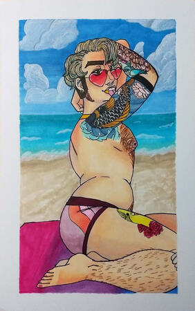 Beach Pin Up of Declan Finneran (OC) Copic, Colored Pencil on Bristol