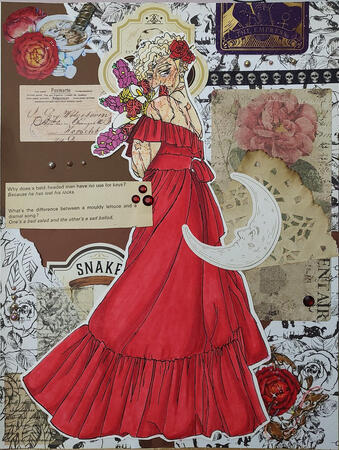 Red Dress Collage Illustration (Call of Duty) India Ink/Copic on Bristol, Collage